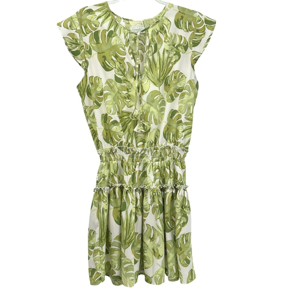 Mud Pie Palm Leaf Dress M Smocked Waist Ruffle Tiered Green/White Coastal Vacay - Picture 3 of 9